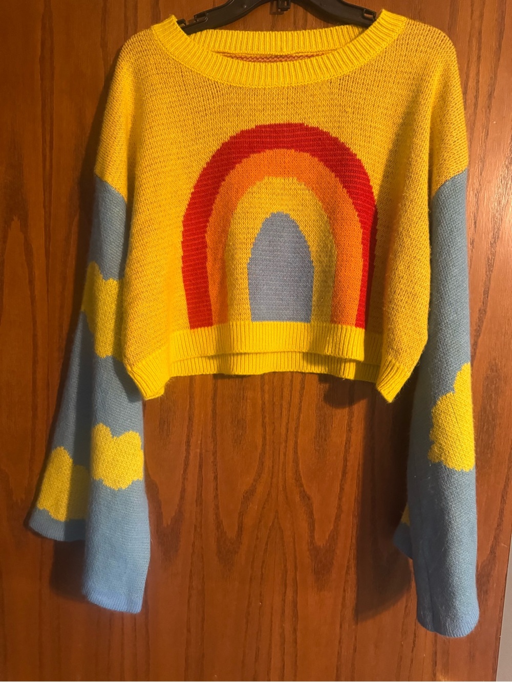 Yellow Rainbow Cropped Crewneck Sweater with Blue Sleeves